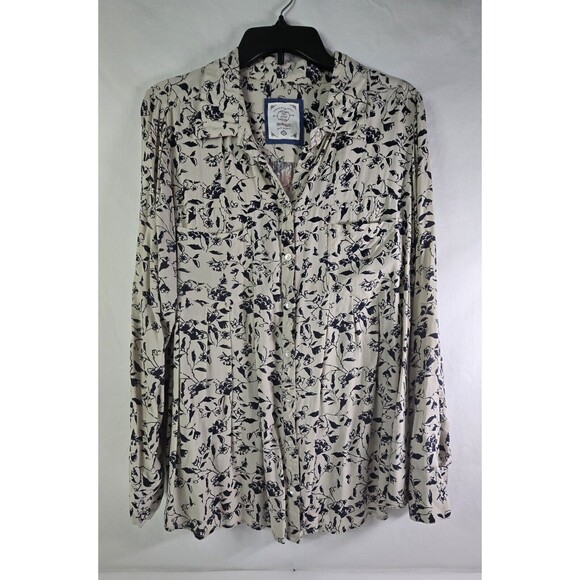 Style & Co 1x Beige wLeafy Navy Print and A Party In The Back! Button Up Blouse - Picture 2 of 9